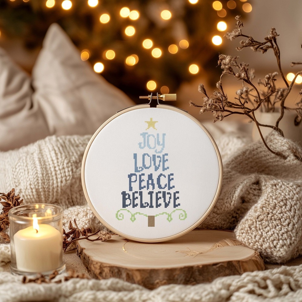 Holiday Merry Christmas Tree Peace Joy Love Counted Cross Stitch Pattern KIT - Picture 4 of 5